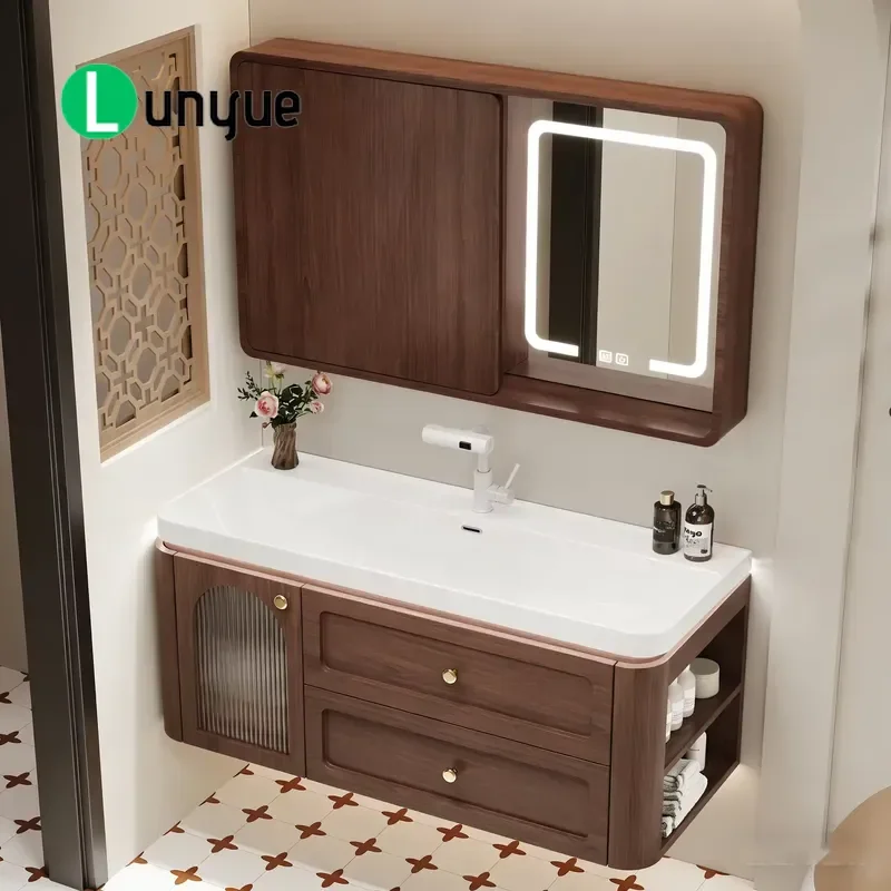 Medieval Style Walnut Floating Vanity with Sintered Stone Top Ceramic Sink LED Mirror Cabinet Wall Mounted Bathroom Furniture