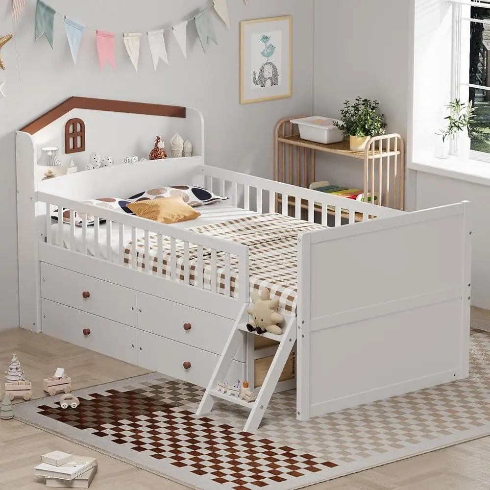 

Twin Size Platform Bed with Storage and 4 Drawers, Wooden Kids Bed with Storage Board and Ladder (White)