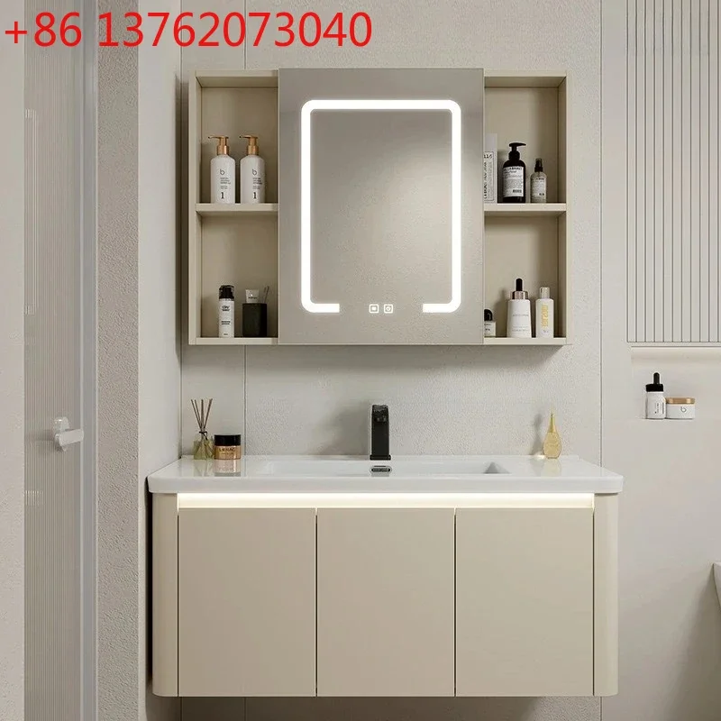 

Bathroom Cabinet with Rounded Corners Ceramic Washbasin Wall-mounted Bathroom Dressing Storage Cabinet with Mirror and Faucet