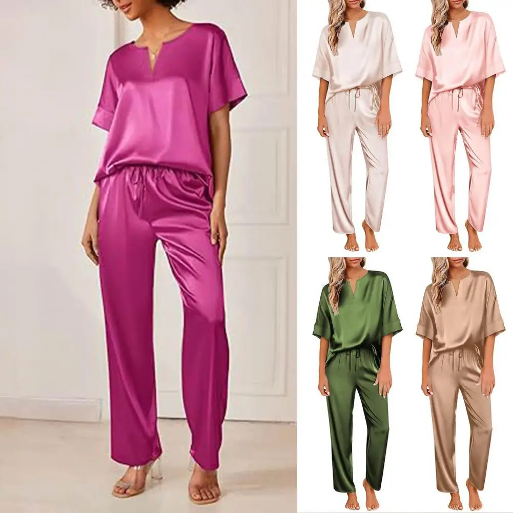 Women Satin Pajamas Stylish Women's Sportswear Set Loose Satin V Neck Top Wide Leg Trousers for Fall Outfit 2 Pcs/set V-neck