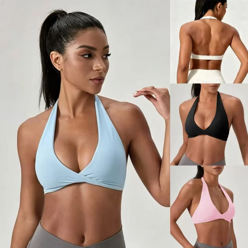 Damen-Sport-BH mit V-Ausschnitt und Halterneck, ultra-elastisch, mit Polsterung, offenem Rücken, Fitness-Tanktop für Yoga, Workout und Activewear – Detail 5