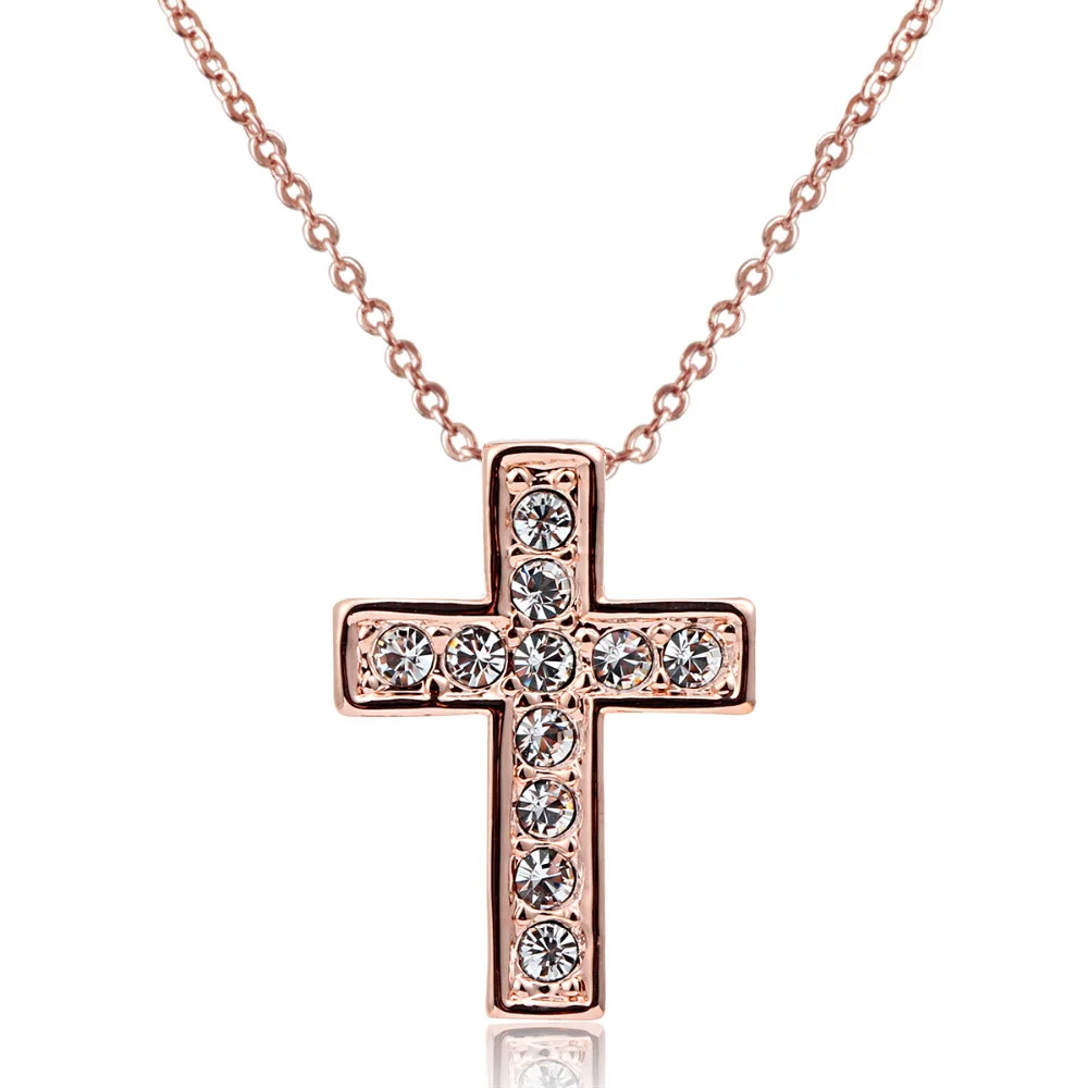 Rose Gold Color Cross Cluster AAA Austrian Crystals Charm Pendant Necklace Fashion Jewelry for Women Girls steampunk