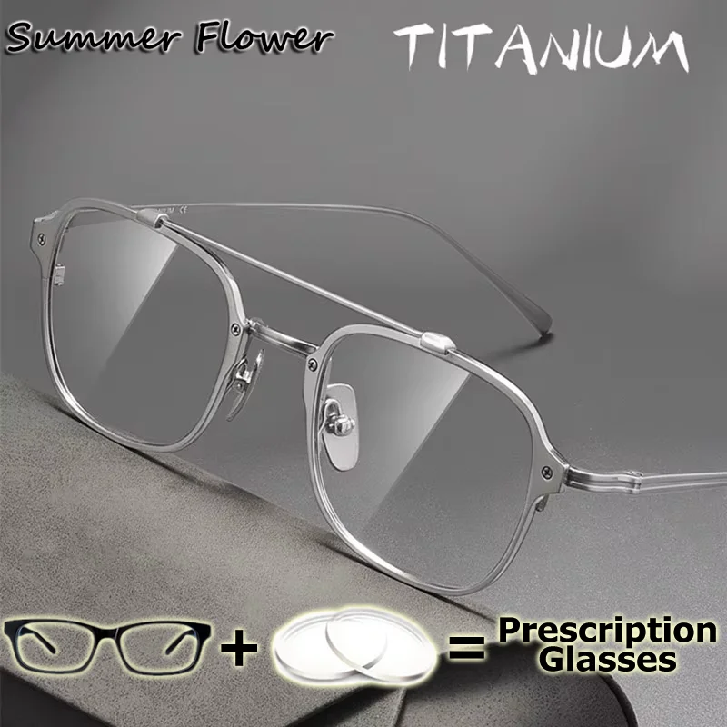 Prescription Glasses Pure Titanium Ultra Light Comfortable Men Myopia Blue Light Block Lenses Double Bridge Optical Glasses Male