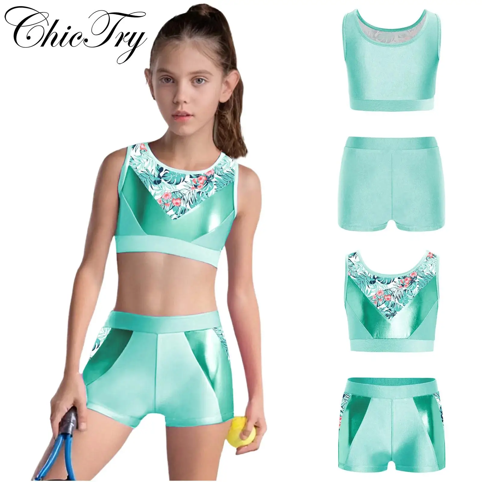 

Kids Girls Sports Tracksuits Gymnastics Workout Sets Sleeveless Metallic Printed Patchwork Crop Top with Shorts for Yoga Dance