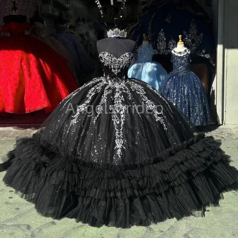 Angelsbridep-vestido de Quinceañera con cordones, traje negro con apliques blancos, cola abullonada, 15 Años