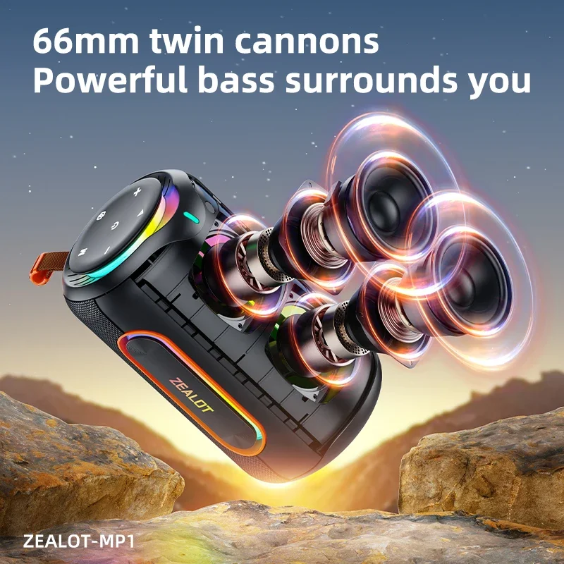 ZEALOT-MP1 Outdoor Bluetooth Speaker, 60W Output Power Bluetooth 5.3 Speaker ,Stereo Sound IPX6 Waterproof,Micro SD Card,RGB Lig