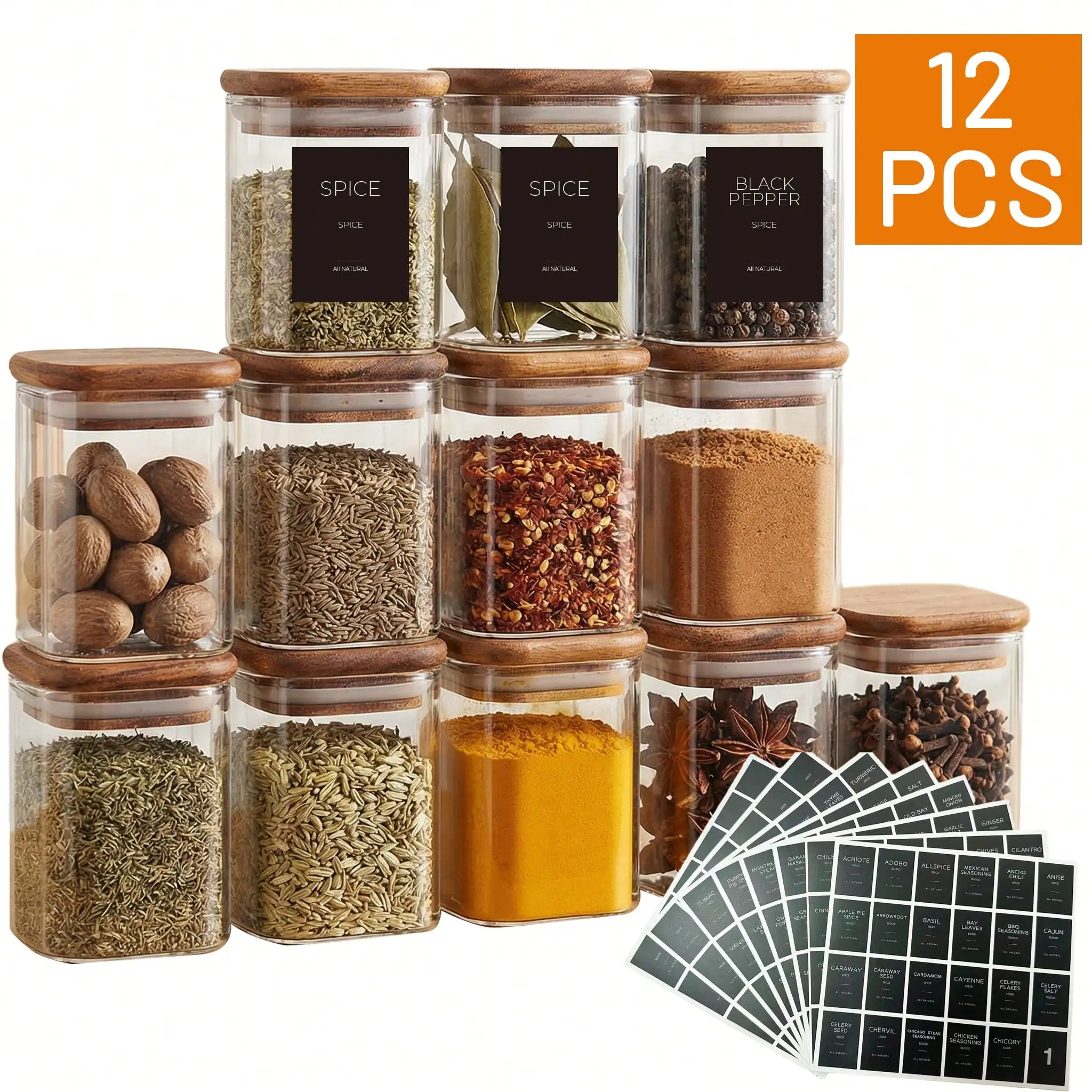 

Minimalist Kitchen 12pcs 8oz Mini Square Glass Spice Jars With Dark Acacia Wood Lids And Black Labels, 12 Packs 250ml Clear Spice Organizer Containers Spice Bottle Jars Set With Waterproof Stickers For Pantry Organization, Perfect Gift For Cooking