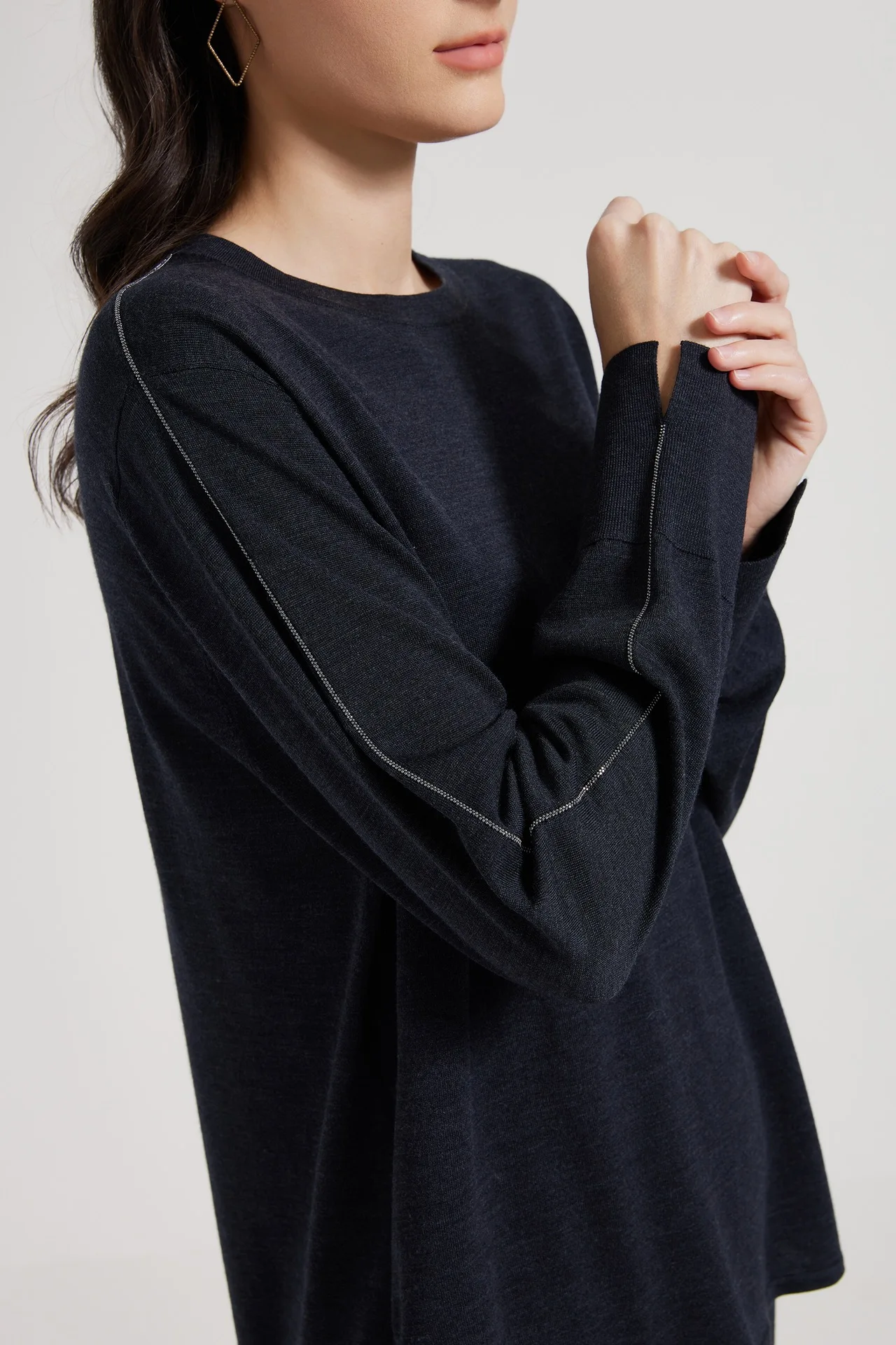 Spring Summer 2025 Women's O-neck Silk Wool Knit Top Long Sleeve Beads Lightweight Pullover