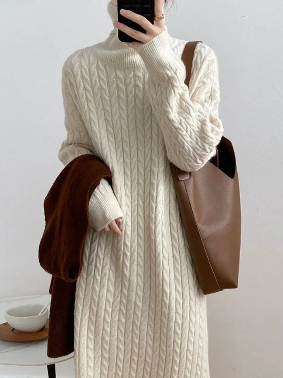 Winter Women\'s Sweater Dresses Korean Version Casual Commuter High Collar Loose Thickened Warm Pullover Long Dress Women Clothes