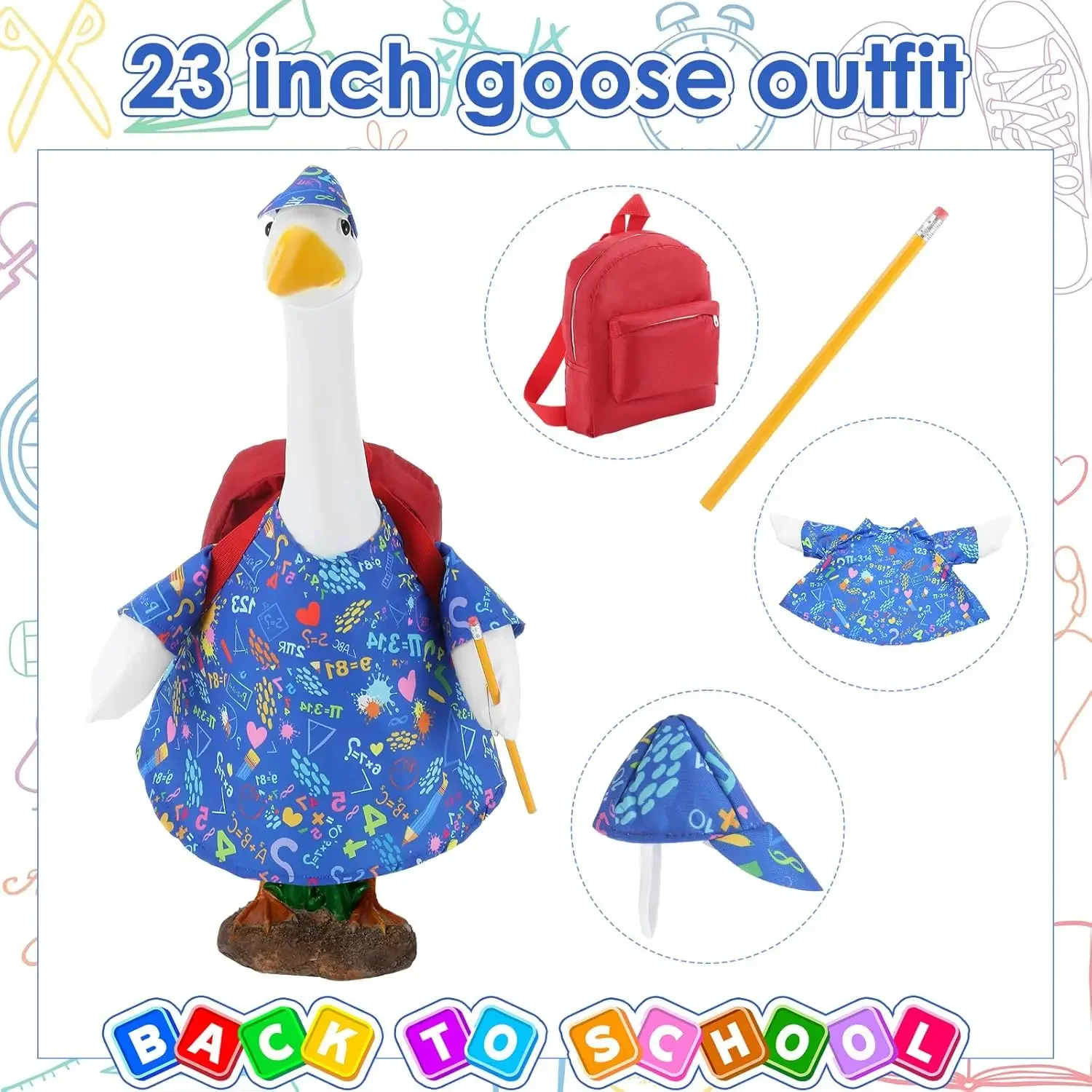 Fotografia 3: Roupa de ganso de volta às aulas, varanda, estátua de ganso, decoração de fantasia com mochila escolar e lápis para gramado, jardim, pátio, exterior