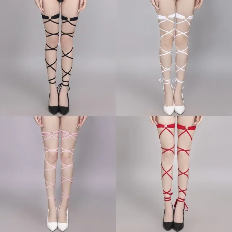 Women Hollow Sexy Bandage Cross Strap Stockings Gothic Style Punk Girl Anime Cosplay Costumes Black Elastic Strap Harness Tights