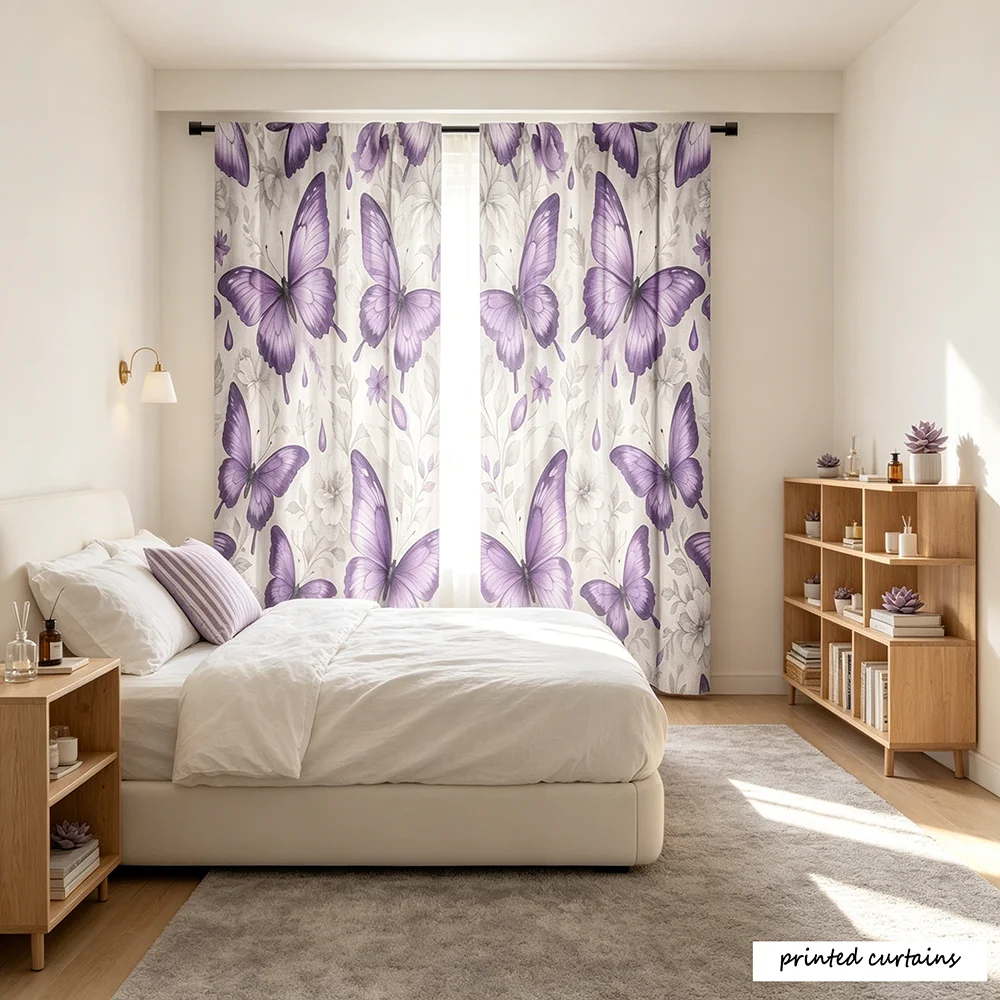 2pcs Elegant Purple Butterfly Curtains - Lavender Butterfly Flower Pattern Semi blackout Curtains, Art Deco Style, Machine Washa