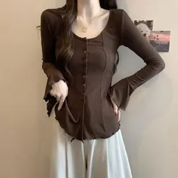 Vintage Irregular Folds T-shirt Spring Autumn Casual Round Neck Solid Color Women's Clothing Long Sleeve Basic Slim Pullovers