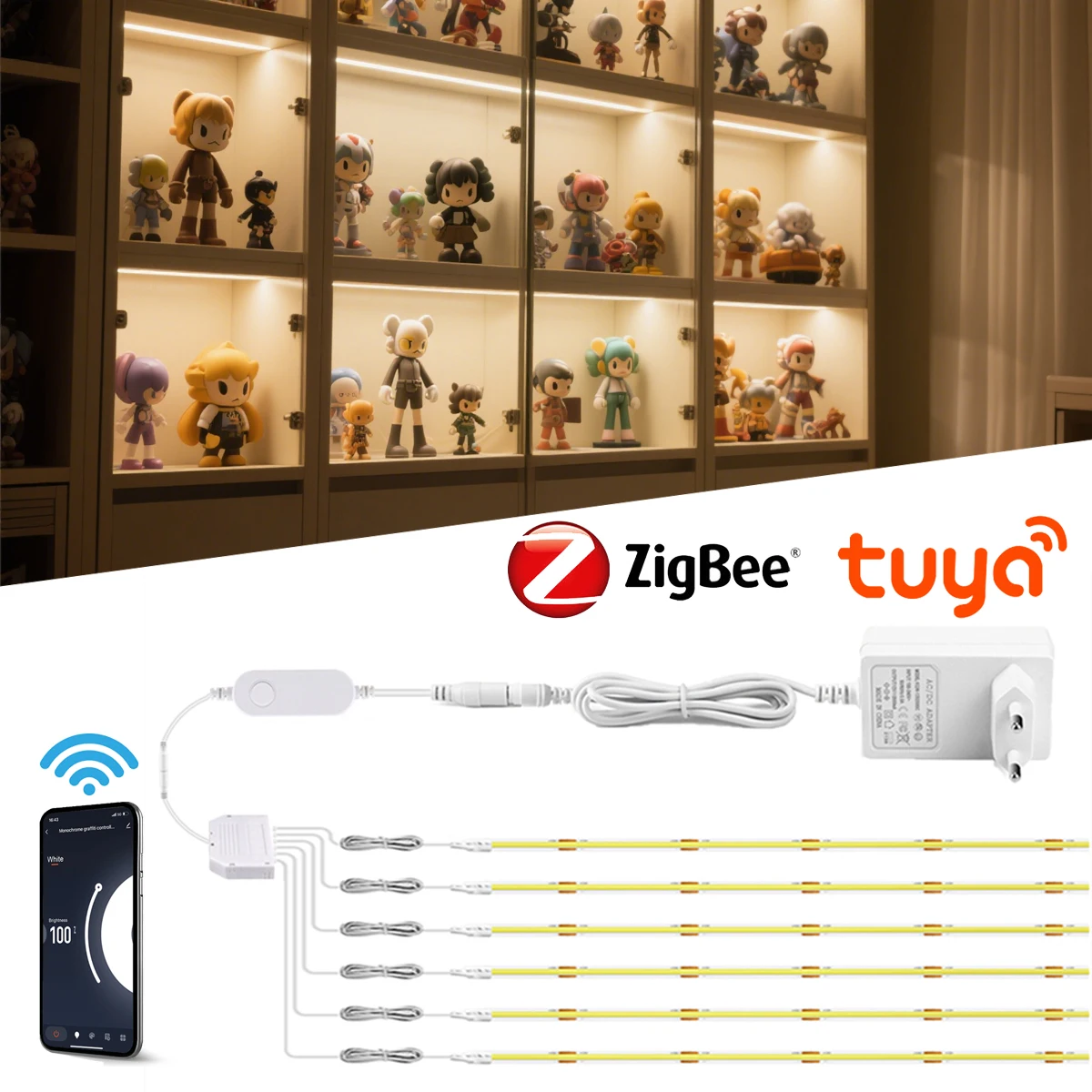 12V Smart Zigbee COB LED Strip Light Ra90 1-6pcs Lamp Tape for Wardrobe Kitchen Wine Cabinet Lighting, Tuya APP Voice Control