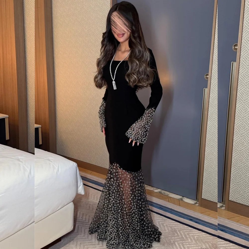 

Customized Fashion Jersey Sequined Pleat Trumpet Square Neck Long Dresses Bespoke Occasion Exquisite