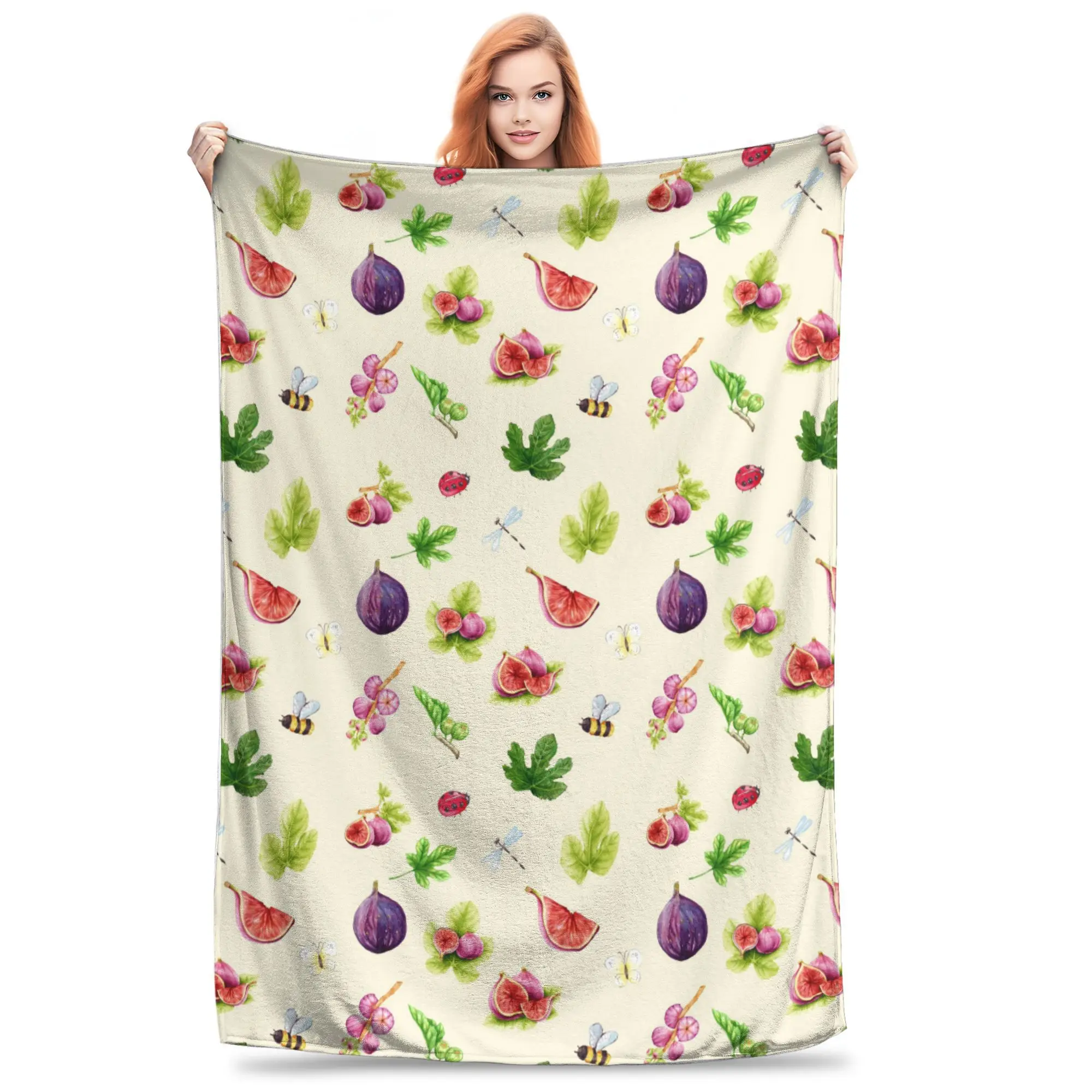 Fresh Figs Watercolor Garden bugs Pattern Blankets Fleece Sofa Throw Blanket for Home Bedroom Travel Throws Bedspread Quilt