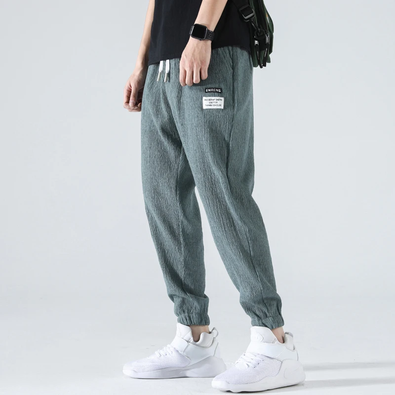 Ice Silk Casual Pants for Men Summer Thin Linen Cotton Sports Loose Cuffed Breathable Summer Trousers Loose Elastic Waist