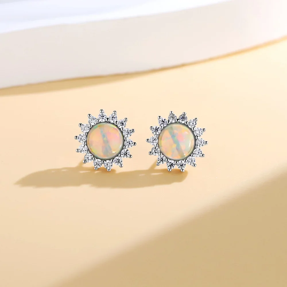 

New Classic S925 Pure Silver Inlaid Natural Opal Stone Ear Nails for Women's 8mm Wedding Jewelry