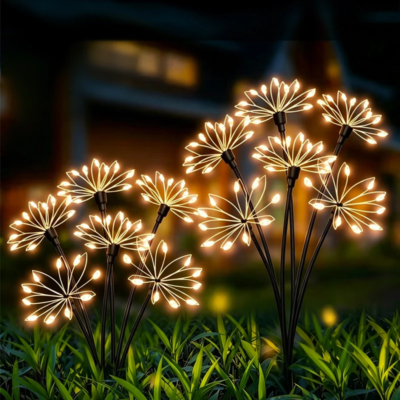 Luzes de Flores Solares Automáticas de 6 Cabeças com Fio de Cobre para Decoração de Jardim Externo, Luzes de Fogos de Artifício para Pátio, Caminho e Gramado