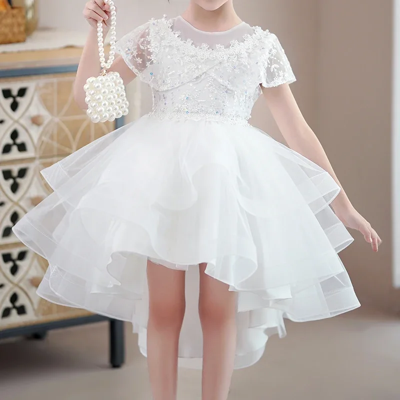 Girl's tuxedo dress Hook flower tail sweet wind bat sleeve Princess dress piano performance flower girl #T245