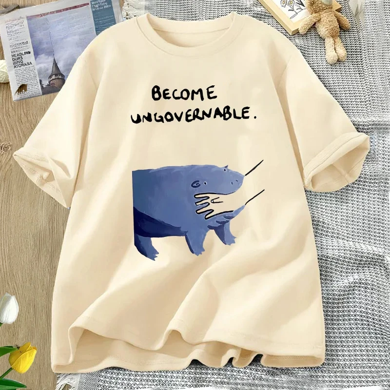 تصبح فرس النهر غير القابل للانفصال تي شيرت مو دنغ تصميم مضحك الحيوان الجرافيك المحملة المتمردين ميمي الفكاهة تي شيرت قصير الأكمام