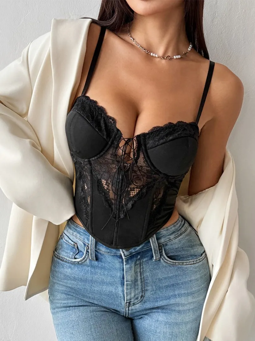 

ssTss Womens Lace Boned Top Padded Push Up Bustier See Through Diamond Tied Bodice French Style Outerwear Sexy Black Corset