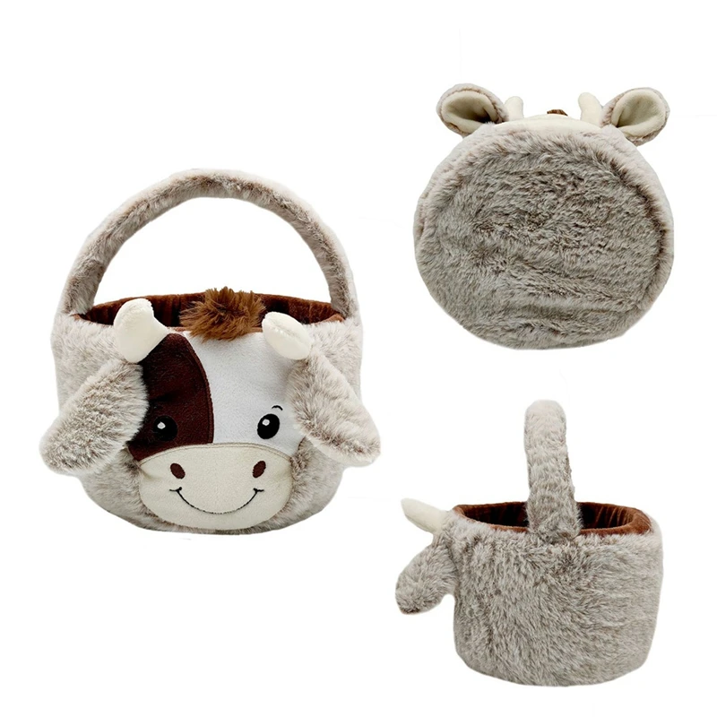 10In/25Cm Cute Plush Cow Easter Buckets With Ear Egg Hunt Easter Gift Bags Bags For Party Decorations Candy Gifts