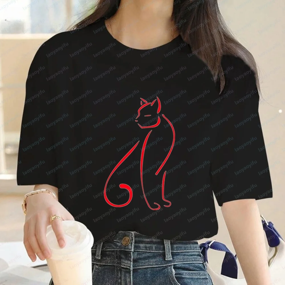 Camiseta con Silueta de Gato, un Bonito Dibujo de un Gato Elegante, Estampado Vintage para Hombre y Mujer, Estilo Oversize con Hombros Caídos, Tops Urbanos
