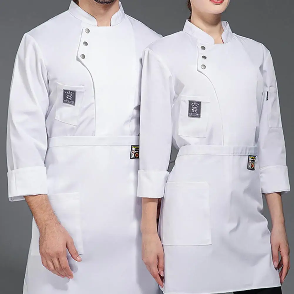 Chef Uniform Stand Collar Double-breasted Long Sleeve Unisex Soft Breathable Thin Stain-resistant Cook Shirt Bakery Coffee House