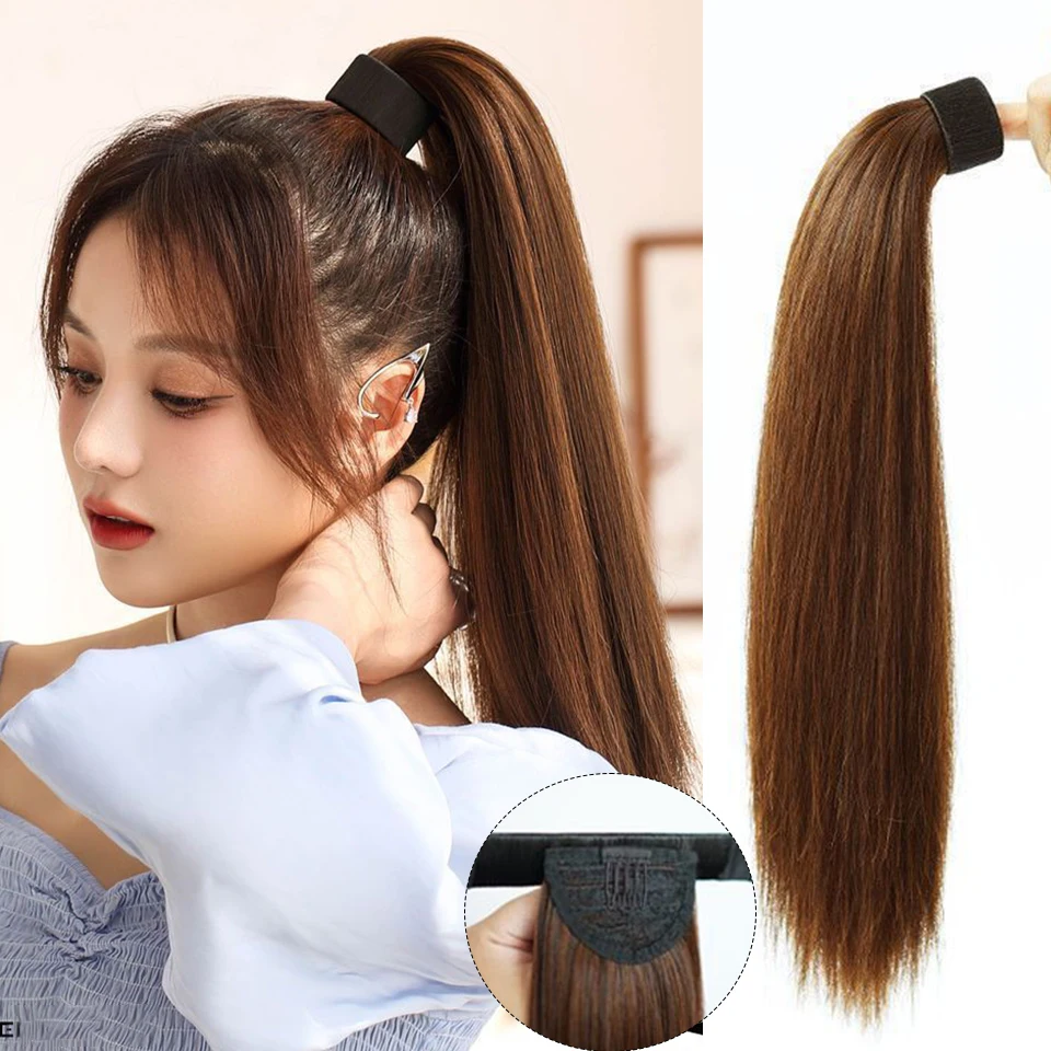 

24inch Synthetic Ponytail wig Extension Clip in Fake Wig Hairpiece Wrap Around Pigtail Long Smooth Overhead Pony Tail For Women