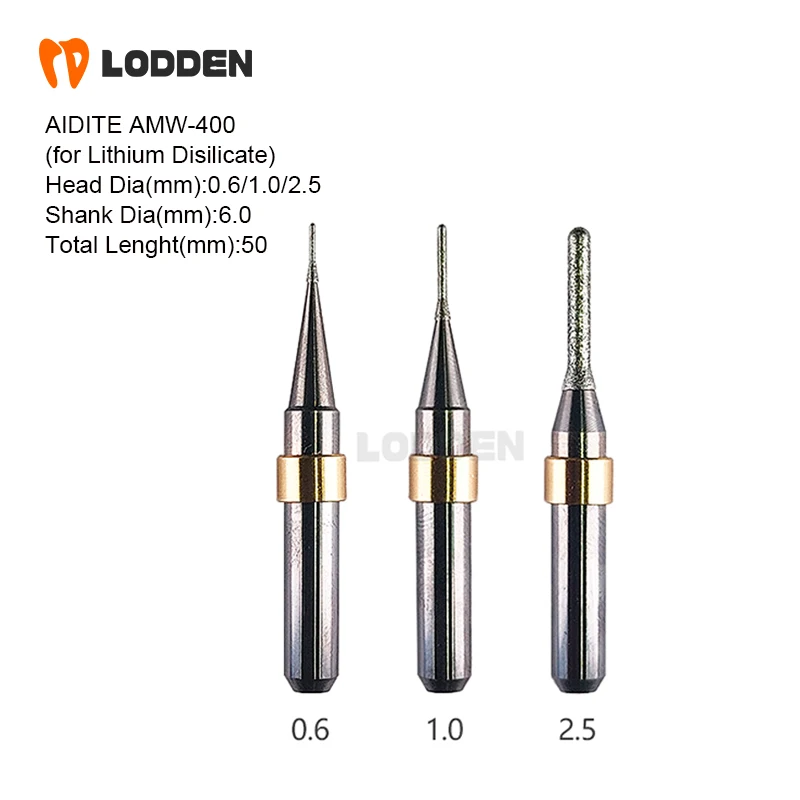 

Dental Lab Tools for AIDITE AMW-400 Milling Burs Grinding Lithium Disilicate Coating D6 * 0.6/1.0/2.5mm Milling Cutting Drills