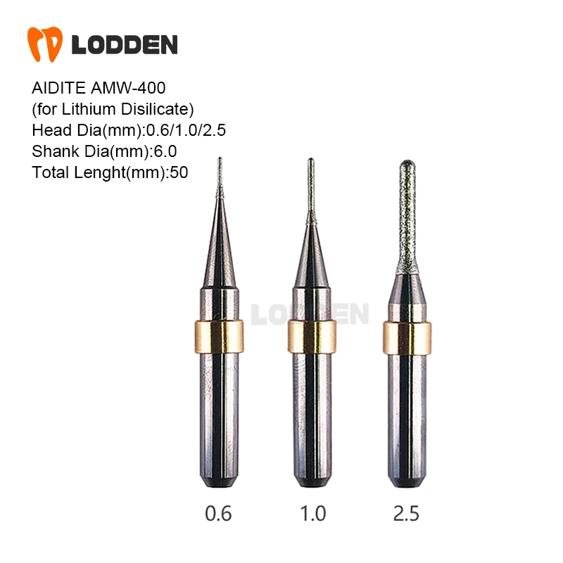 Dental Lab Tools for AIDITE AMW-400 Milling Burs Grinding Lithium Disilicate Coating D6 * 0.6/1.0/2.5mm Milling Cutting Drills