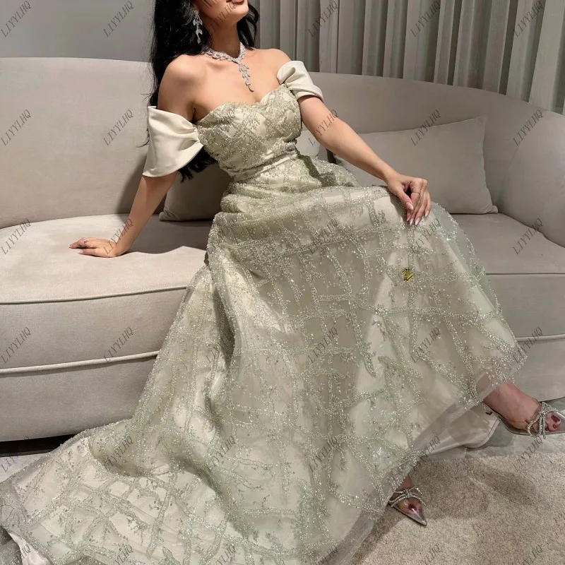 LIYYLHQ Sage Green Saudi Arabia Evening Dresses Beaded Elegant Woman Wedding Dubai Midi Formal Prom Party Gowns Customized