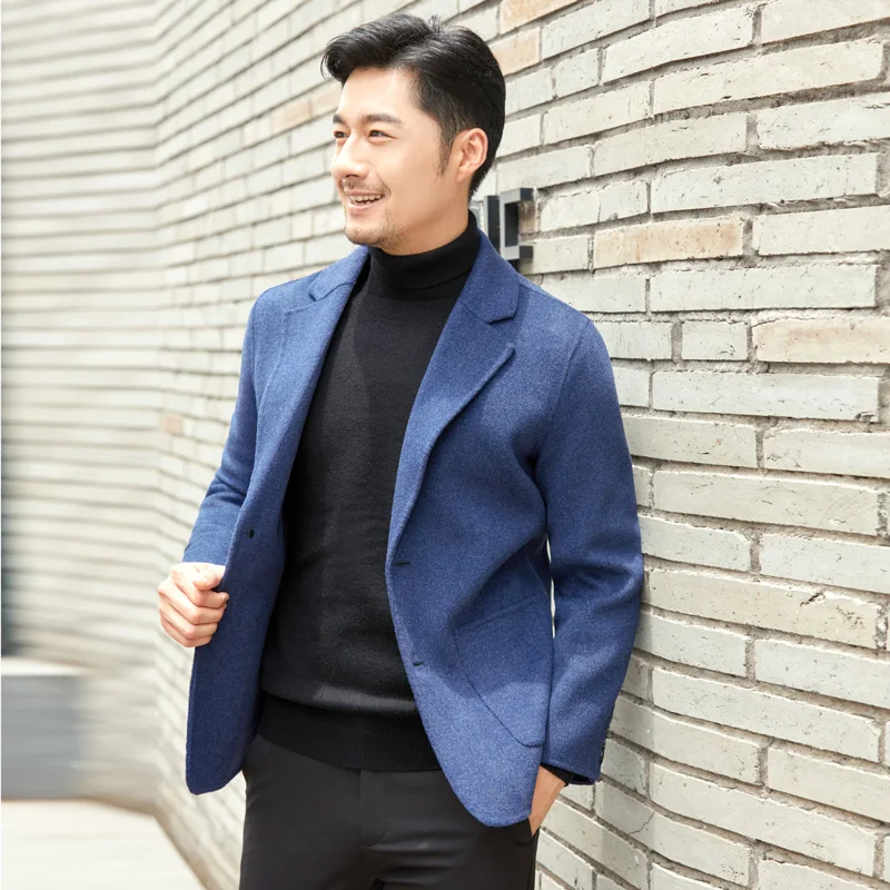 New 100% Pure Wool Double-Sided Wool Coat for Men Slim Fit Slimming Suit Jacket Solid Color Lapel Simple Cardigan