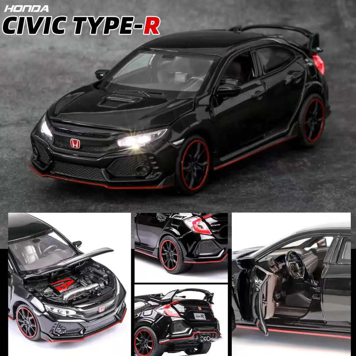 Honda Civic Type R JDM Simulation Diecast & Toy Vehicles Sounds & Light Pull Back Car 1:32 Alloy Collection Model Birthday Gifts view 4