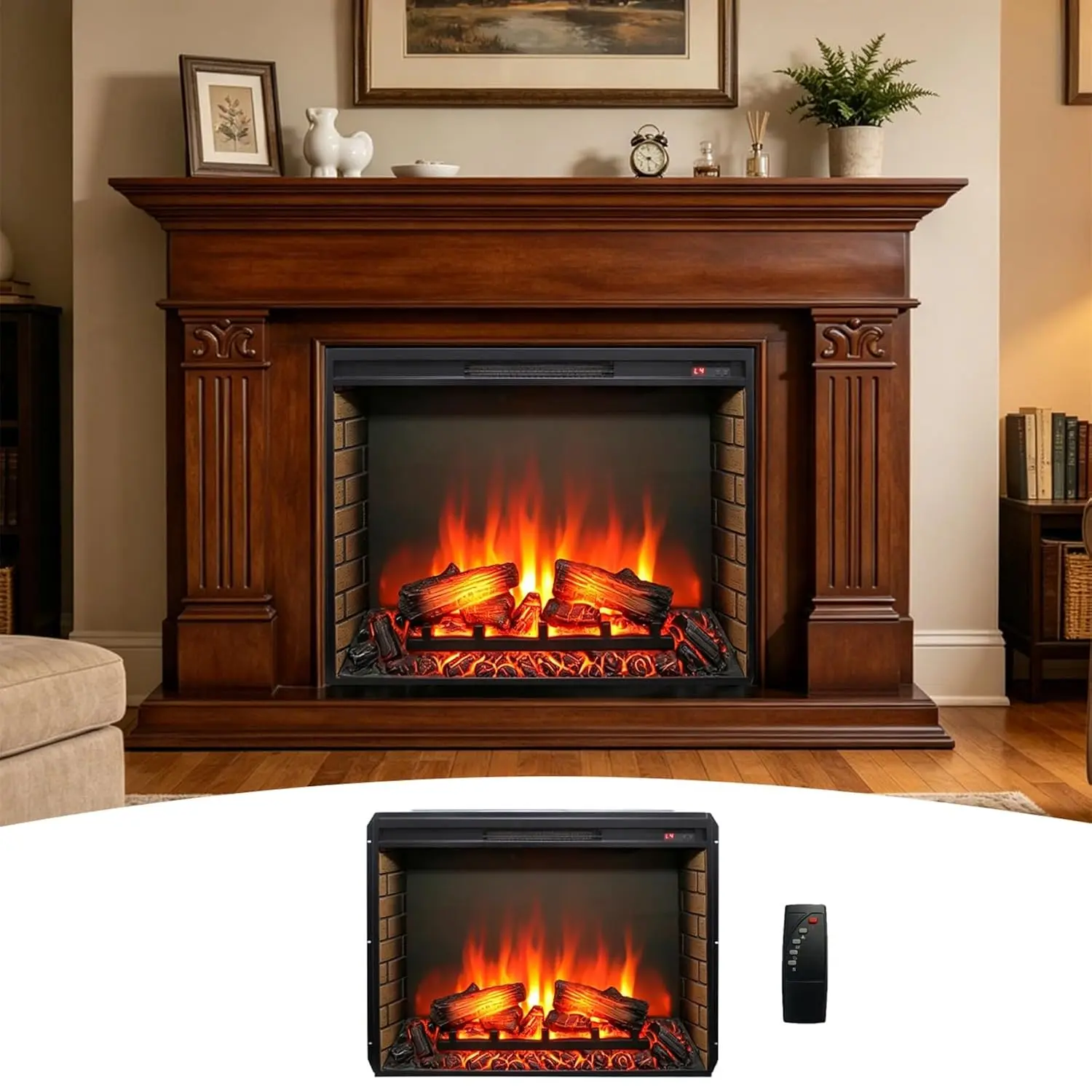 Electric Fireplace Insert with Log Set & Realistic Flame Effect, Customized