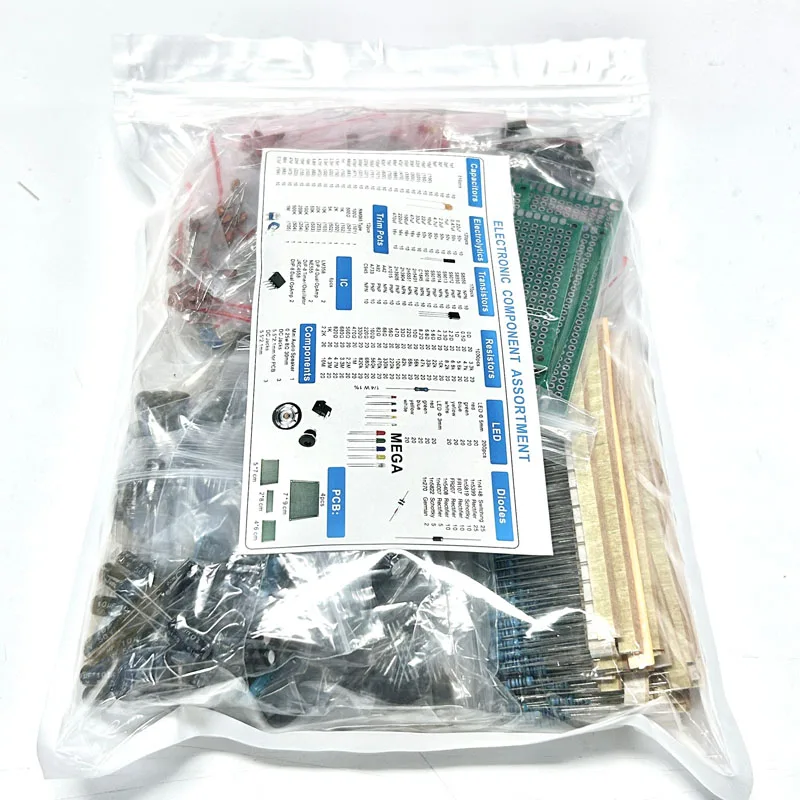 Kit de componentes electrónicos de bricolaje, surtido de resistencias, potenciómetro, piezas, condensadores de triodo LED, diodos, PCB, bolsa/caja,