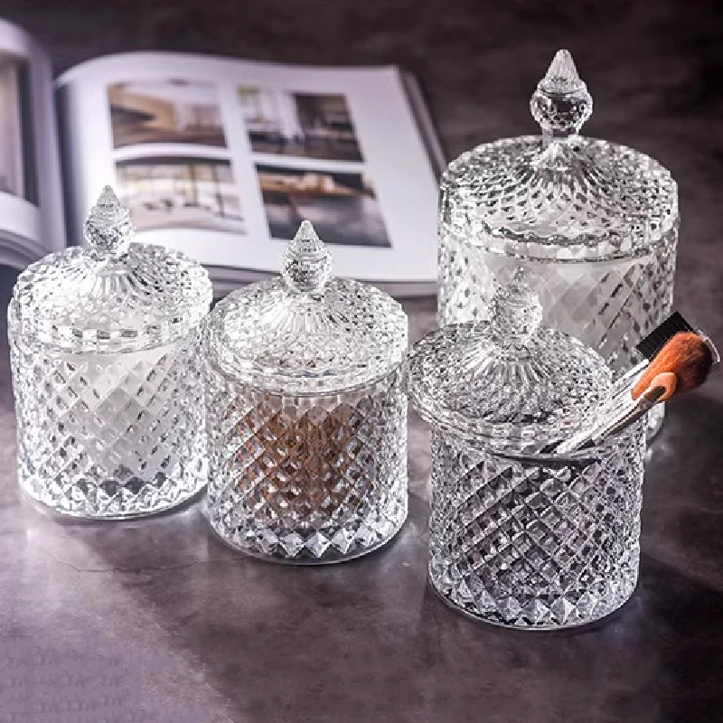 Crystal Glass Jar European-style Diamond Pattern Candy Storage Box Cotton Swab Box Sealed Jar Living Room Home Furnishings