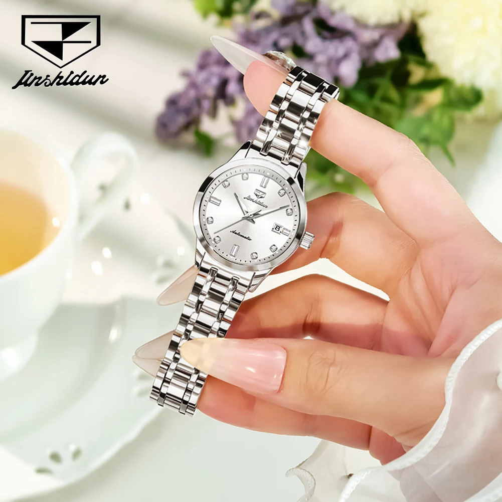 JinShiDun 8841 Classics Simple Women's Watches Silver Waterproof Automatic Mechanical Watch Luminous Elegant Lady Wristwatch