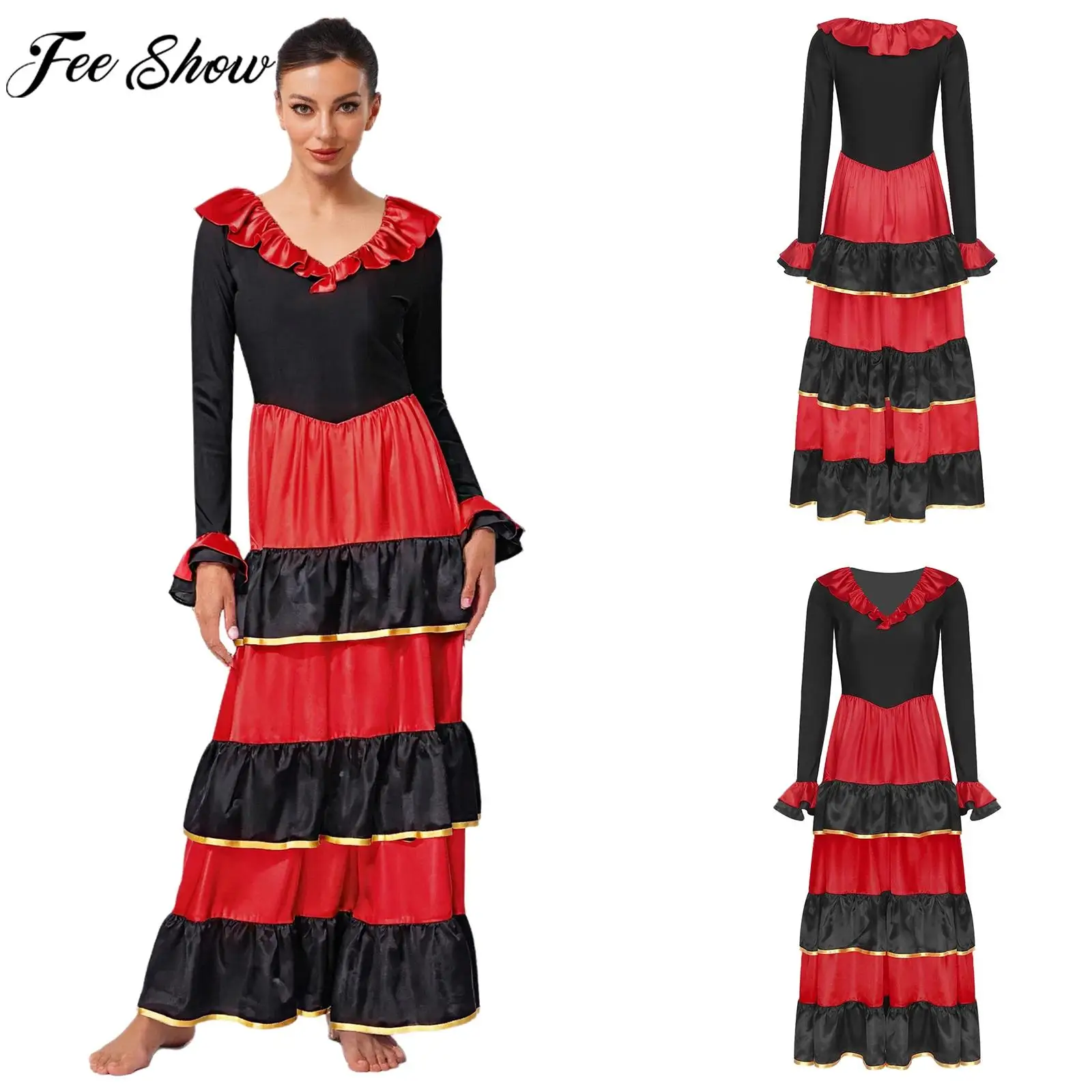 Women Flamenco Dance Spanish Paso Doble Costume Long Sleeve Tiered Ruffled Big Swing Dress Latin Ballroom Dancing Rumba Clothes