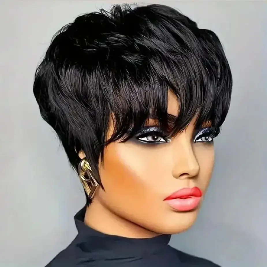 

Прямые парики-пикси из натуральных волос, короткие парики-боб с челкой, многослойные бразильские парики без клея, полностью машинной работы