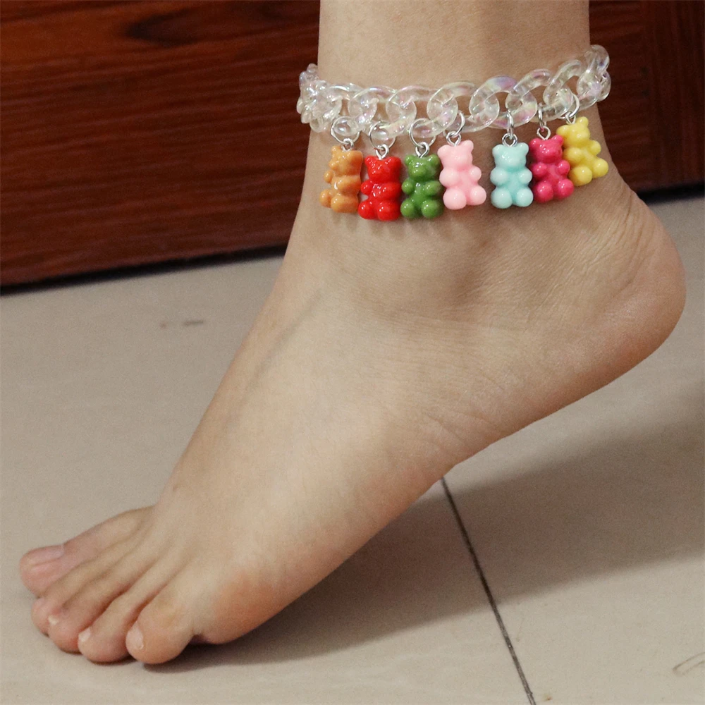 Transparent Acrylic Chain Multicolor Cartoon Bear Bracelet Bohemian Summer Cute Candy Color Resin Gummy Bear Anklet for Women