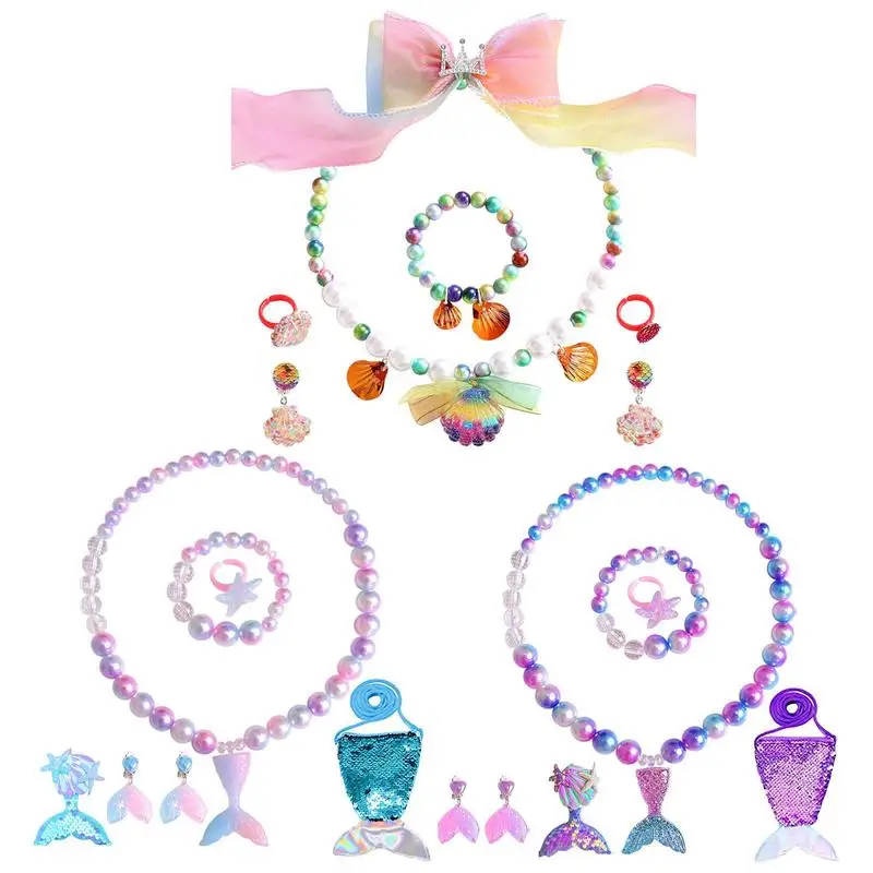 Little Mermaid Jewelry Girls Princess Beaded Earrings Bracelets Necklace Kit 7pcs Colorful Kids Jewelry Kids Stretchy Bracelets