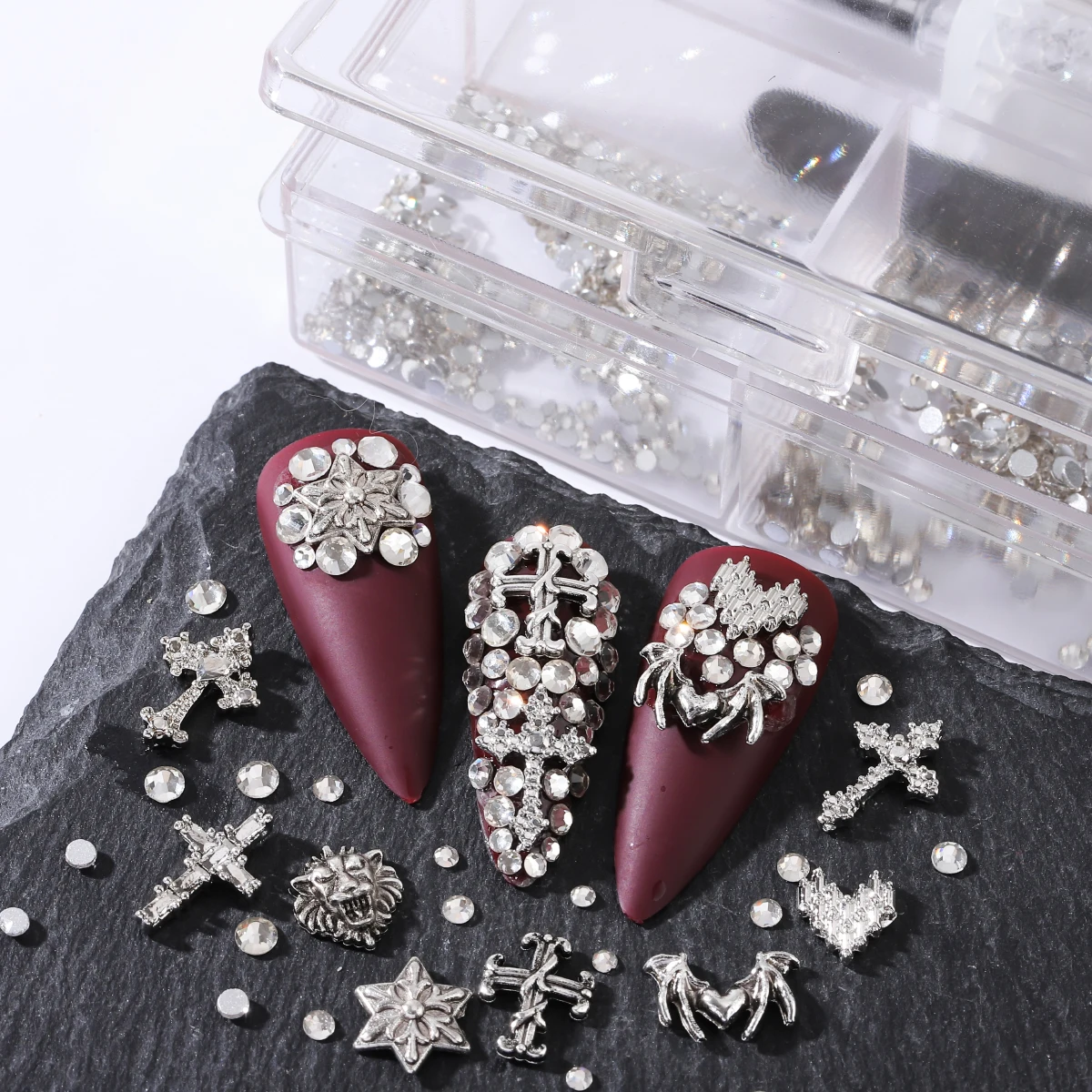 

240 pcs, European and American retro dark wind three-dimensional cross, love, little devil jewelry, Y2K cross nail art gemstone.