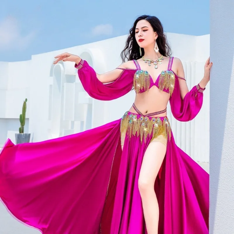 ที่กําหนดเอง Belly Dance เครื่องแต่งกายซาตินกระแสเงินสด Su Grand กระโปรงการแข่งขันทีมเสื้อผ้าแขนยาว Bra กระโปรงยาว