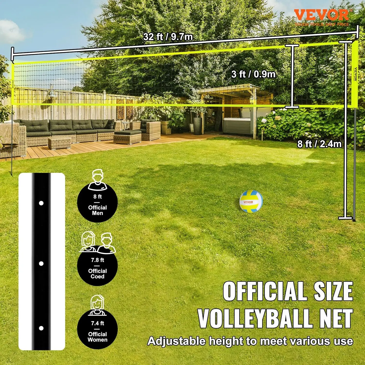 Outdoor Portable Volleyball Net System, Adjustable Height Steel Poles, Professional Volleyball Set with PVC Volleyball, Pump