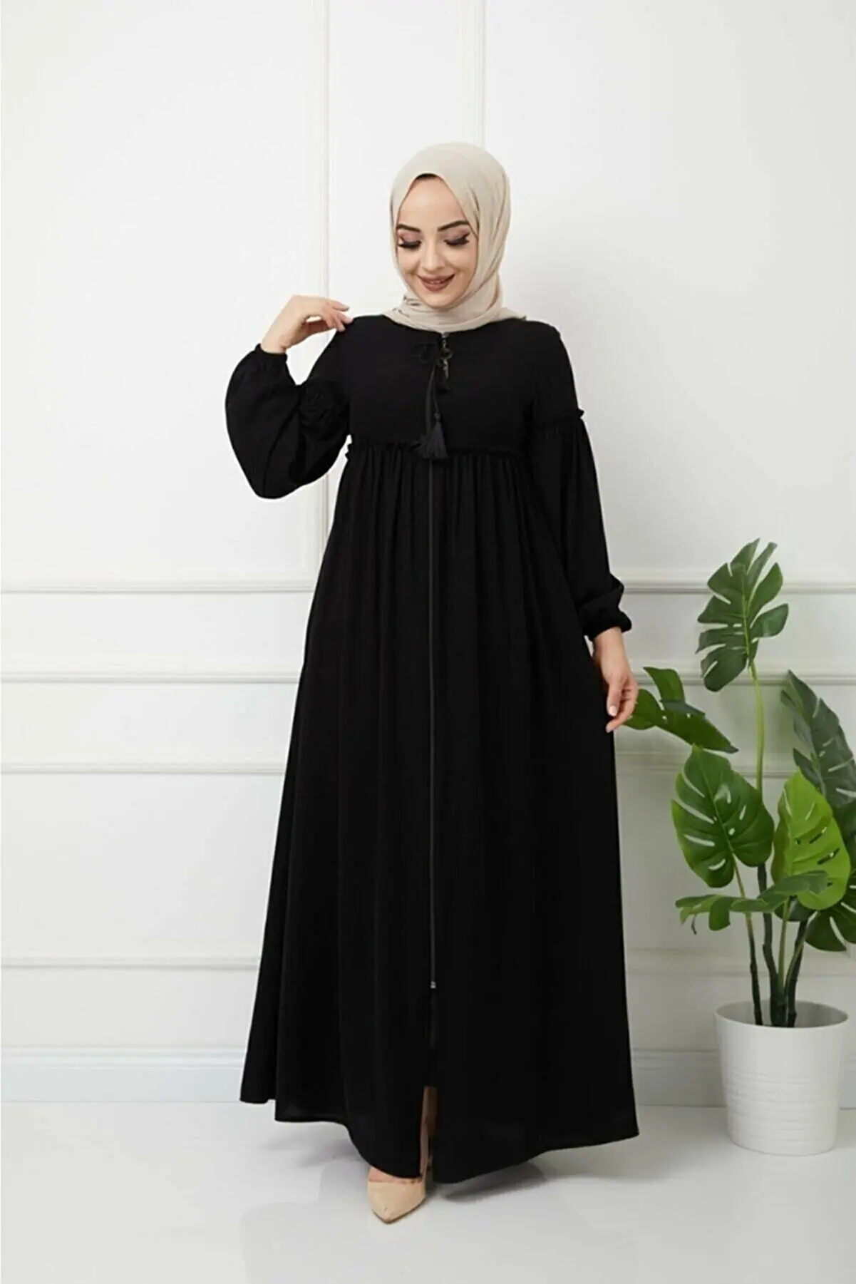 Hijab Clothing Pleated Detail Abaya Balloon Sleeve Abaya Hijab Clothing Long Muslim Fashion Muslim Outerwear