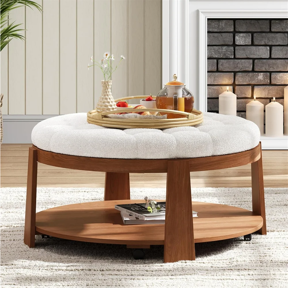 

Large Round Ottoman Coffee Table with Wheel, Modern 36" Circle 2-Tier Oversized Button Tufted Ottoman with Wood