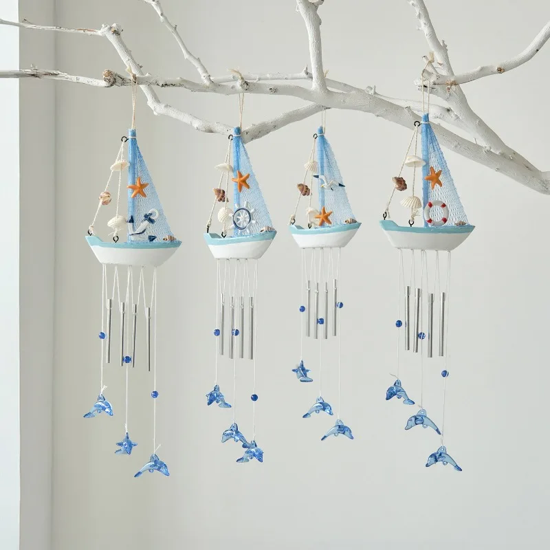 Mediterranean Style Creative Wind Chimes Boat Home Sailboat Decoration Wooden Sailboat Model Wooden Boat Air Pendant Decor