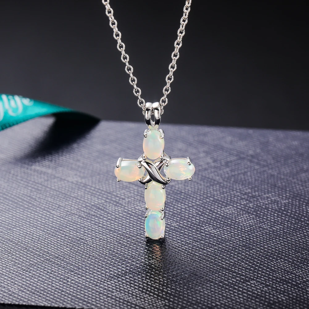 GZ ZONGFA Original 925 Sterling Silver Necklace for Women Oval Natural Opal 6*4mm Gem 1.5ct Cross Pendant Luxury Fine Jewelry